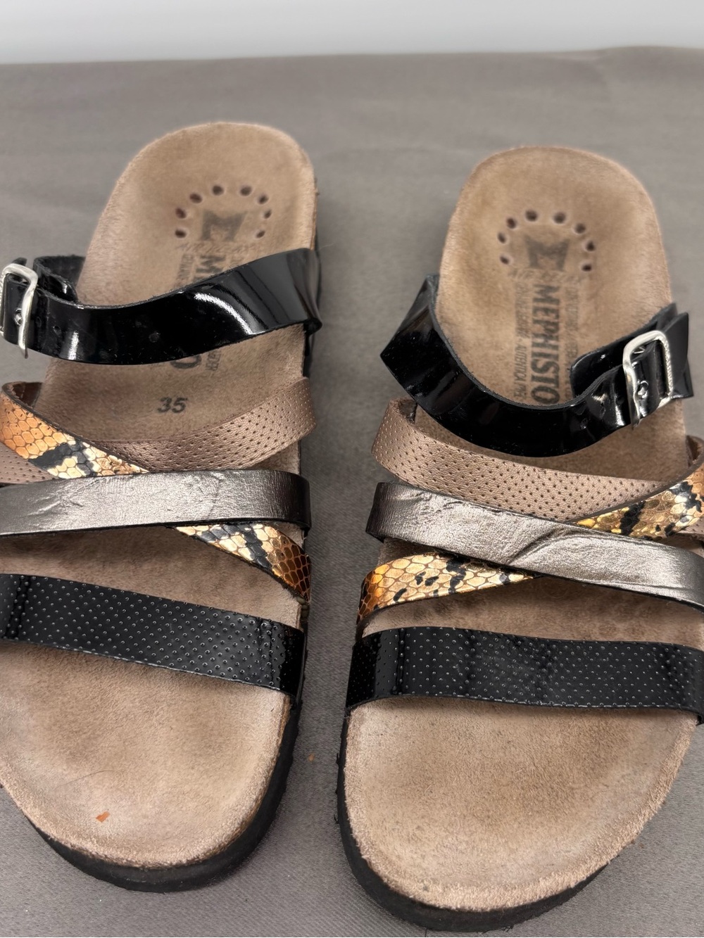 Mephisto Women's Multi-Strap Sandals in Black, Brown and Tan Snake Print